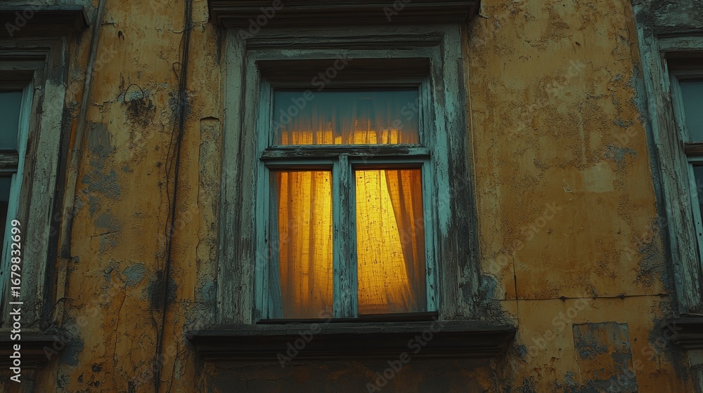 Obraz premium A closed curtain reveals a faint blue screen reflection inside a modern apartment window at night