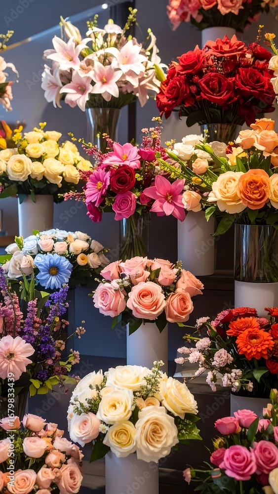 Obraz premium A vibrant display of colorful flower arrangements in various shades of pink, red, yellow, and white, beautifully arranged in cylindrical vases, creating a cheerful and inviting atmosphere.
