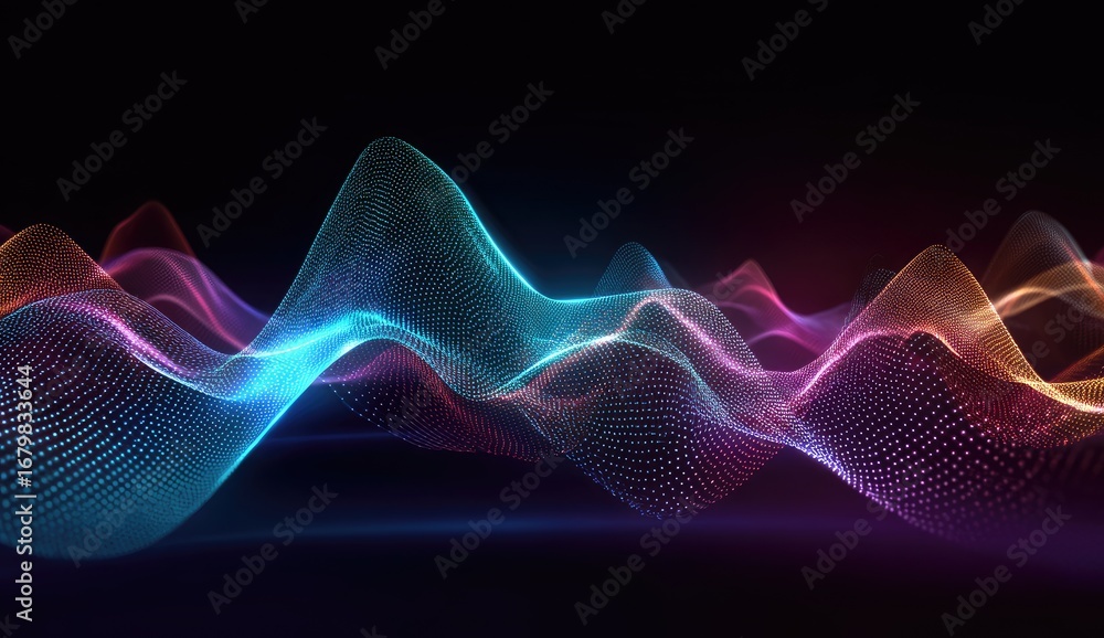 Fototapeta premium Abstract digital waveform. Colorful, glowing, particle-based waves