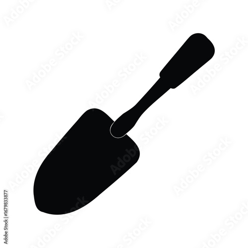 A simple black silhouette of a gardening trowel on a white background