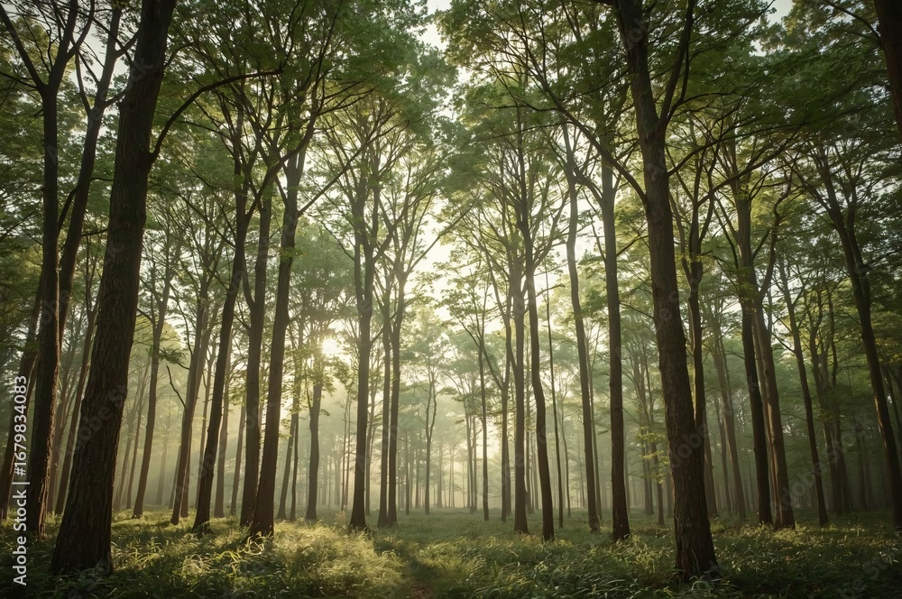 Naklejka premium Sunlit forest path, misty morning, nature scene, tranquil background, idyllic
