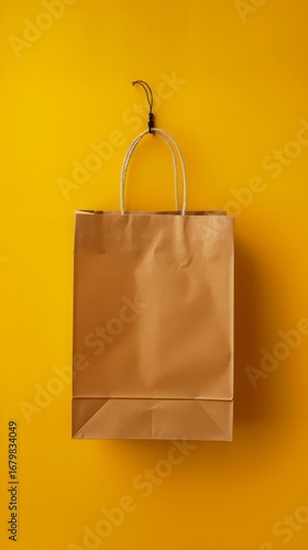 Blank brown shopping bag hanging against vibrant yellow background for branding and design
