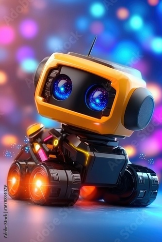 Cute Yellow Robot with Glowing Blue Eyes in Colorful Bokeh Lights