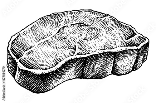 Raw steak in a woodcut style, black and white