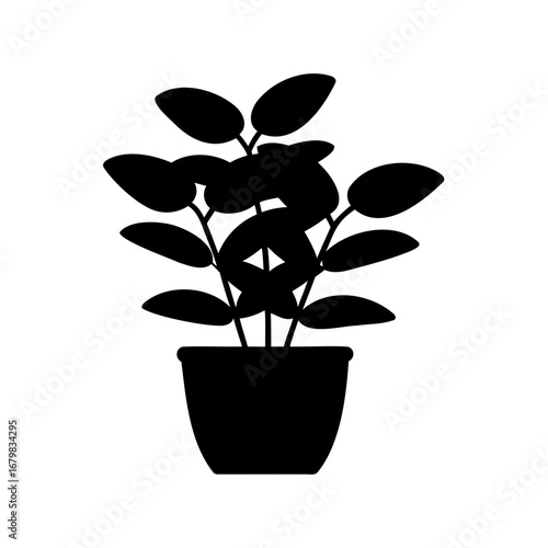 Monochrome silhouette of a potted plant with many leaves and visible stems