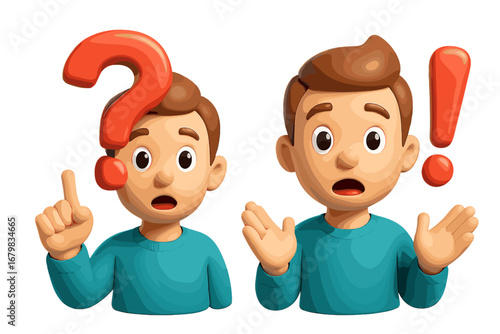 3D render cartoon man with a red question mark asking, thinking, and finding a solution. Character having an idea with an exclamation mark. FAQ, support, problem solving concept.