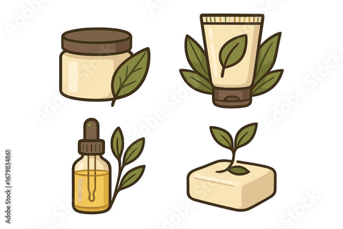 Set of natural organic cosmetics icons. Vector skincare beauty products. Cream jar, lotion tube, serum oil dropper, soap bar with leaves. Eco friendly bio cosmetic illustration.