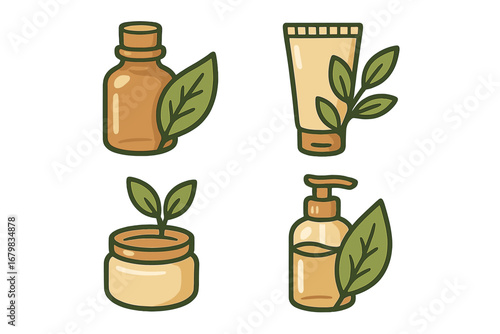 Natural organic cosmetics vector icon set. Skincare beauty products with leaf. Cream tube, oil bottle, soap dispenser, jar. Eco friendly herbal cosmetic packaging illustration.