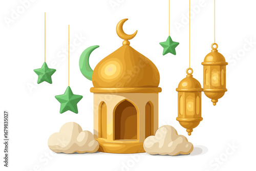 3D rendering Islamic celebration set for Eid Mubarak or Ramadan Kareem. Vector cartoon illustration with mosque, golden lanterns, stars, crescent moon and clouds. Social media post.