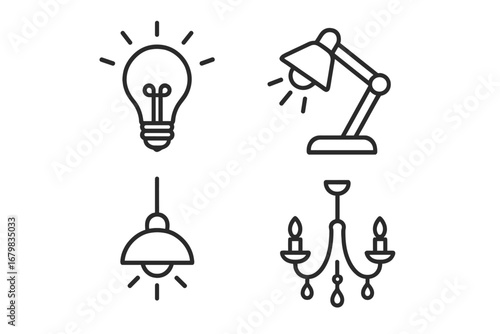 Lighting and lamps line icon set. Vector collection of simple outline symbols. Light bulb for idea, desk lamp, pendant lamp, chandelier for home interior decor. Electricity sign.