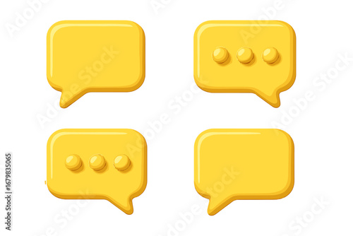 3D chat bubble set. Yellow speech balloon, comment and message icon for social media. Vector illustration with typing indicator dots. Communication, dialogue and feedback concept.