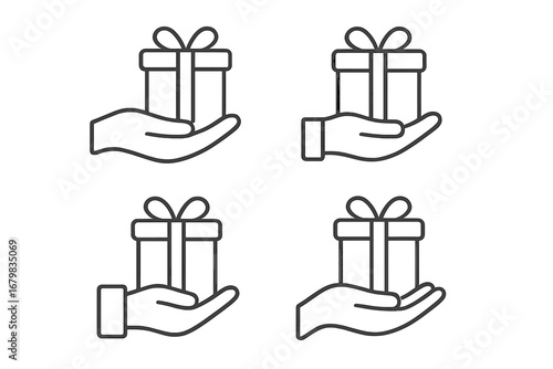 Gift in hand icon set. Simple line art illustration of giving a present. Concept for birthday, Christmas, holiday, celebration, bonus, reward, charity, and loyalty program.