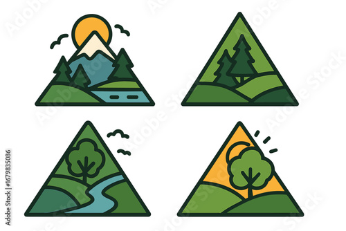 Triangle nature logo collection. Vector illustrations of a mountain landscape, forest trees, and a river. Modern outdoor adventure travel icon set for eco or tourism branding.