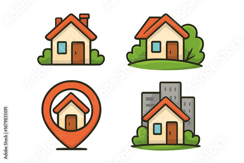 House icon set for real estate business. Collection of home symbols, including property location pin, suburban house, and city residence. Vector cartoon illustration for mortgage.