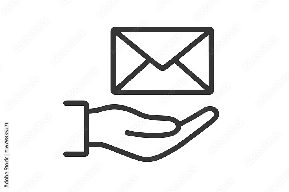 Hand holding mail envelope. Email message delivery icon. Communication concept. Receiving or sending a letter. Post service symbol. Minimalist vector line art for web design. Hand holding mail envelope. Email message delivery icon. Communication concept. Receiving or sending a letter. Post service symbol. Minimalist vector line art for web design.