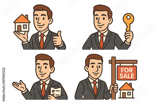 Real estate agent character set. Realtor cartoon mascot collection. Businessman holding house model, key, for sale sign. Property broker vector illustration for business.