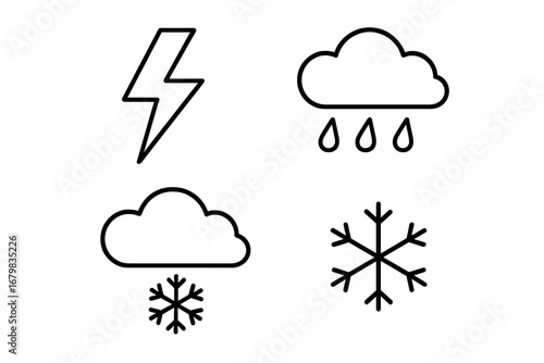 Weather line icon set. Meteorology forecast outline symbols. Minimal vector illustration of lightning, storm, rain, cloud, snow, and snowflake for web or app design.