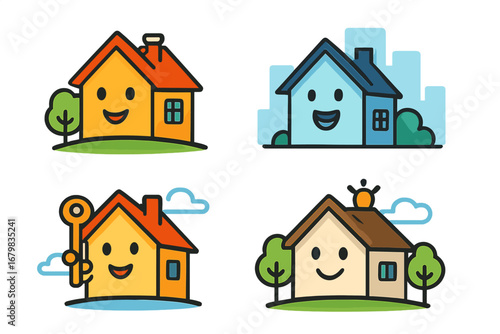 Happy home cartoon character icon set. Real estate mascot collection. Cute smiling house vector illustration for property investment. New house, mortgage and building concept.
