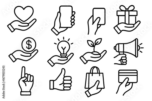 Hand gestures line icon set. Business and finance symbols collection. Vector pictograms for marketing, payment, donation, idea, growth, shopping, and communication.