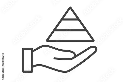 Hand holding pyramid diagram. Maslow hierarchy of needs. Business structure, marketing levels, organization chart. Food pyramid. Minimal thin outline icon for web and graphic design.