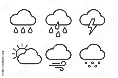 Weather icon pack simple line art set. Meteorology forecast symbols collection. Outline signs for rain, sun, cloud, storm, lightning, wind, and snow. Climate design element.