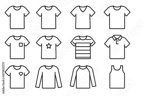 T-shirt line icon set. Collection of simple clothing and apparel symbols. Vector graphic elements for fashion design. Includes polo, long sleeve, and tank top outline.