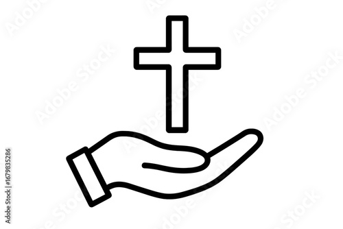 Hand with christian cross thin line icon. Religion, faith, spirituality concept. Symbol of god, hope, love, charity. Vector illustration for church, worship, prayer, bible.