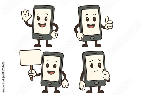 Smartphone mascot character set. Vector illustration of a cartoon mobile phone with different emotions. Waving, thumbs up, sad, and holding a blank sign for custom text.