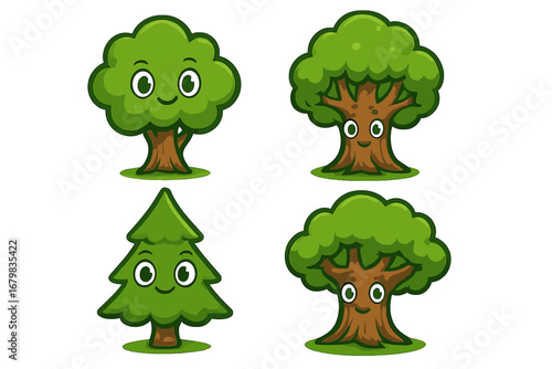 Cute tree character collection. Set of kawaii cartoon forest plant mascots. Happy smiling green oak, fir and pine trees. Friends for stickers, ecology, or environmental concepts.