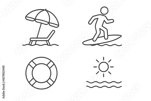 Summer beach vacation line icon set. Surfer on surfboard, beach chair with umbrella, lifebuoy for safety, and sun over ocean waves. Travel and holiday outline symbols.