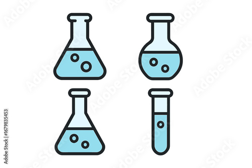 Set of science and chemistry lab icons. Vector collection of lab flasks, test tubes, and beakers for scientific research, experiment, or chemical and biology analysis.