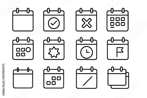 Calendar line icon set. Schedule date planner symbols. Vector outline icons web app design. Event appointment deadline reminder. Holiday important day mark. Time management pictogram.