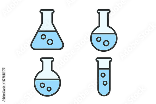 Vector science icon set. Laboratory glassware for chemistry research, experiment. Collection of flat design lab flask, beaker, test tube pictograms with blue chemical solution.