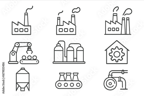 Manufacturing and industry vector icon set. Simple outline symbols of factory, plant, automation, production, robotic arm, conveyor, silo, machinery and equipment.