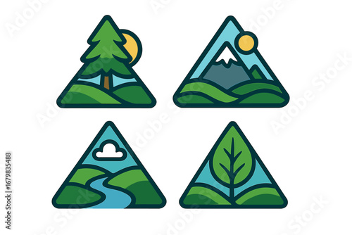 Nature logo collection. Triangle icon set with mountain, forest tree, river, and leaf. Outdoor adventure and travel emblems. Vector linear illustration for eco or park badge.