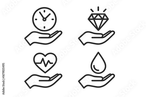 Core values icon set. Outline pictograms of hand holding clock, diamond, heart, water drop. Concepts of care, quality, time management, health, donation and charity vector.