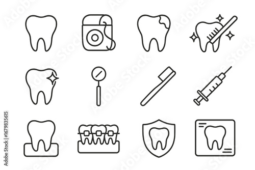 Dentistry line icons set. Dental care, oral hygiene, orthodontics symbols. Healthy tooth, caries, floss, brushing, dentist tool, mirror, braces, x-ray vector pictograms for web.