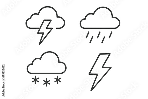 Weather line icon set with thunderstorm, rain, snow and lightning bolt symbols. Simple outline vector icons for meteorology forecast, UI, UX, web design and mobile app.
