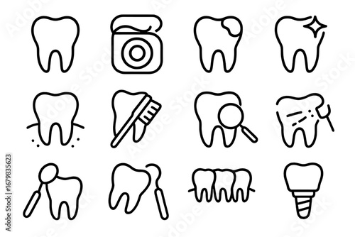 Dentistry line icon set. Dental care, oral hygiene concept. Tooth, caries, implant, floss, brushing, checkup, cleaning, dentist tool. Outline pictogram for web, app, infographic.