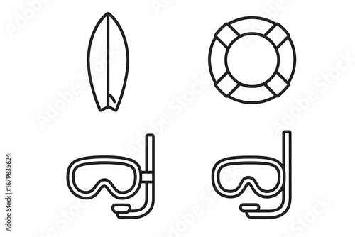 Water sports line icon set including surfboard, lifebuoy, and snorkel diving mask. Summer beach vacation, ocean safety, and travel concept. Outline vector pictogram for web.