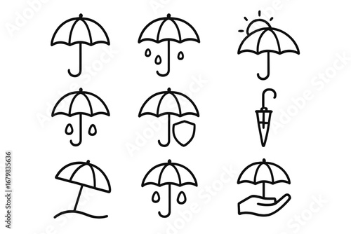 Umbrella line icon set. Weather symbols for rain and sun. Vector outline icons for protection, insurance, safety, travel, and graphic design. Editable stroke.