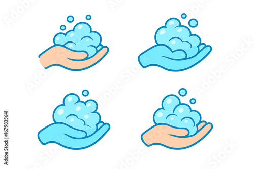 Hand washing icon set. Vector cartoon illustration of hands with soap foam and bubbles. Concept for hygiene, cleanliness, sanitation, and personal care. Disinfection symbol.