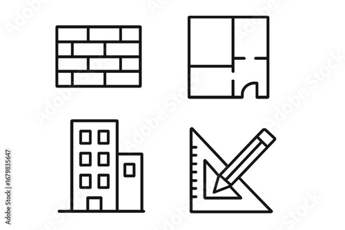 Construction and architecture line icon set. Vector symbols for building, engineering, and design. Outline pictogram collection with brick wall, floor plan, ruler, pencil.