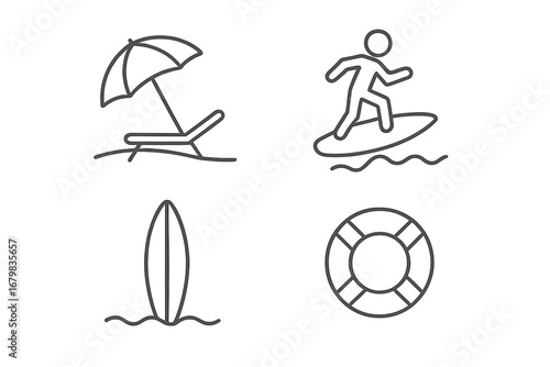 Beach vacation line icon set. Surfer on wave, surfboard, lifebuoy, and sun lounger with umbrella. Thin line vector symbols for summer holiday, travel, web, and app design.