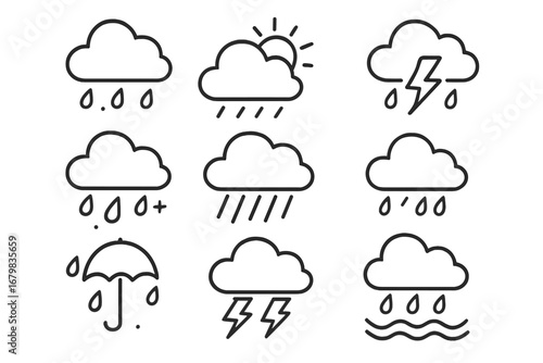 Weather line icon set. Rain, cloud, sun, storm, lightning, thunder, umbrella, flood symbols. Simple outline vector pictogram collection for meteorology forecast, mobile app, web design.