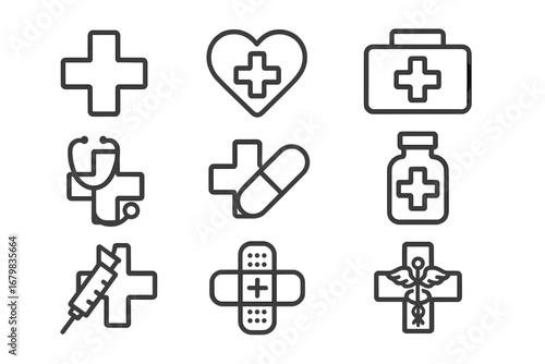 Medical cross line icon set. Health care, first aid, emergency and pharmacy symbols. Vector outline graphics for web, apps. Stethoscope, heart, pill, syringe, bandage.