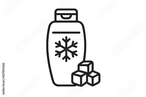 Cooling shampoo or conditioner icon with ice and snowflake. Menthol fresh cosmetic product. Winter hair and body care concept. Outline vector illustration for beauty and spa.