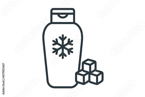 Cooling shampoo or conditioner bottle with snowflake icon and ice cubes. Winter hair care. Refreshing cosmetic product concept. Vector line illustration for web, graphic design.