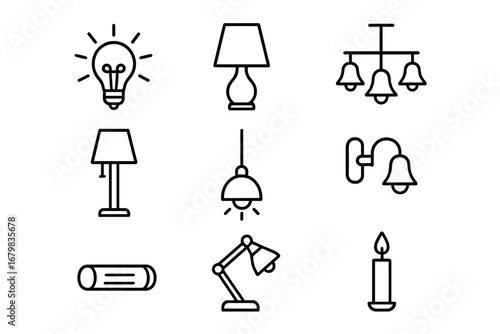 Lighting and lamp line icon set. Vector collection of outline symbols. Lightbulb for idea, table lamp, chandelier, sconce, candle. Illumination pictograms for web, app, UI, UX.