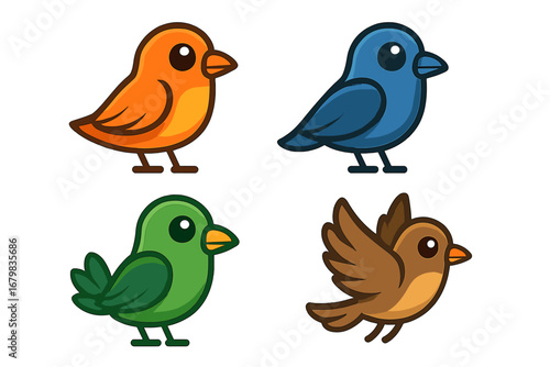 Set of cute bird characters. Collection of colorful cartoon birds mascot logo. Adorable little bird vector illustration icon set. Kawaii animal character design elements.